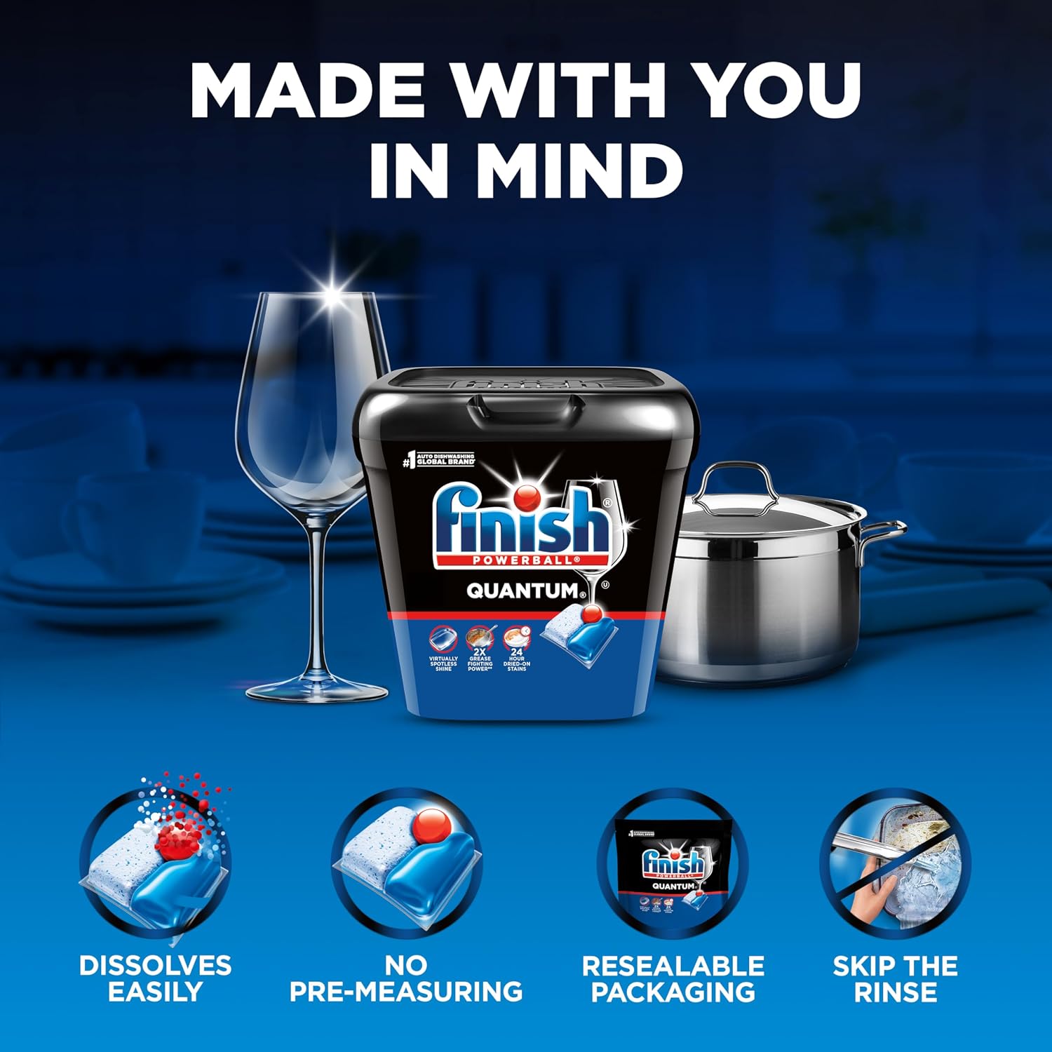 Finish Quantum Dishwasher Pods, No Pre-Rinse Dishwasher Detergent Soap Removes 24HR Dried-On Stain and Grease, Leaving a Virtually Spotless Shine, 84 Count