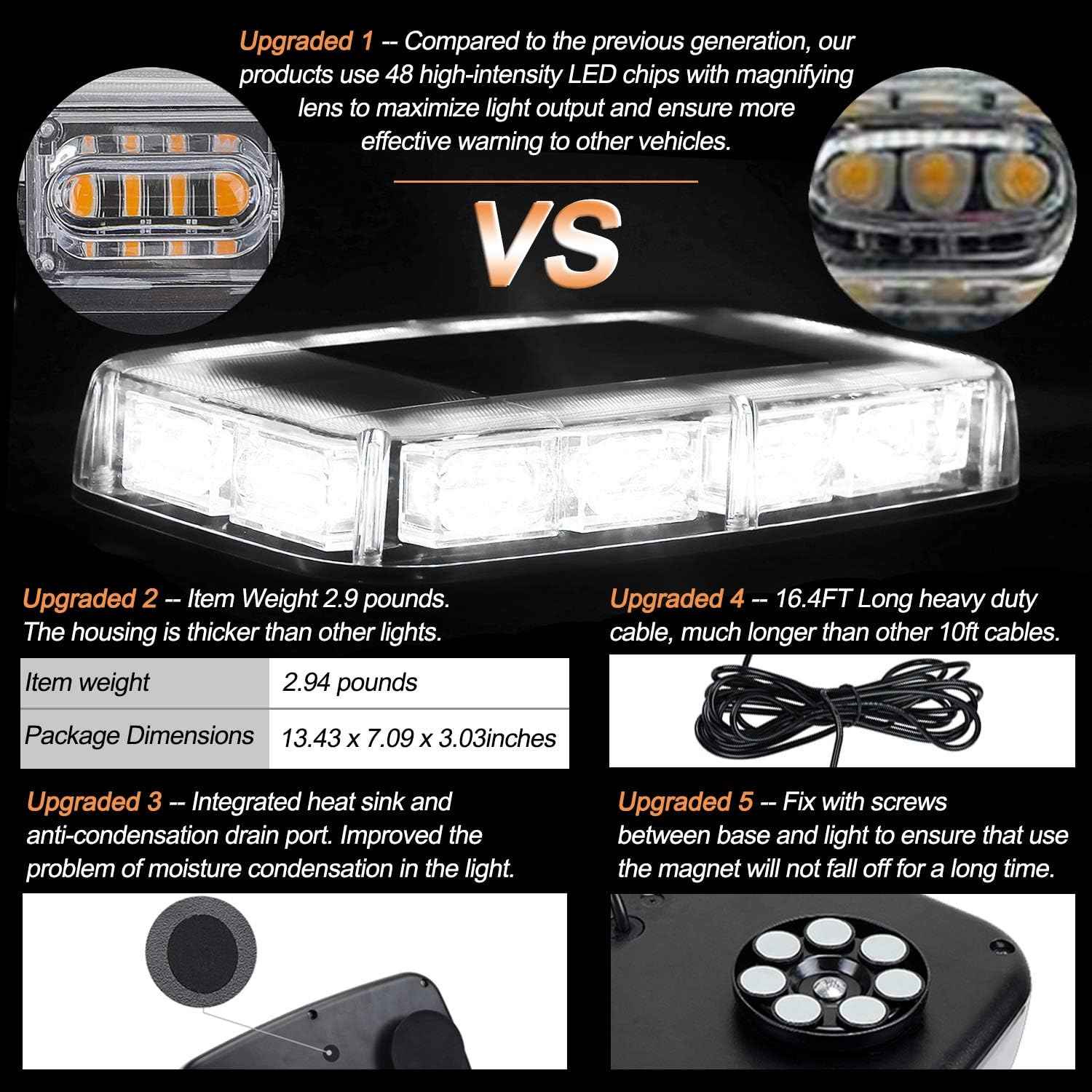 ASPL 48LED Roof Top Strobe Lights, High Visibility Emergency Safety Warning LED Mini Strobe Light bar with Magnetic Base for 12-24V Snow Plow, Trucks, Construction Vehicles (White)