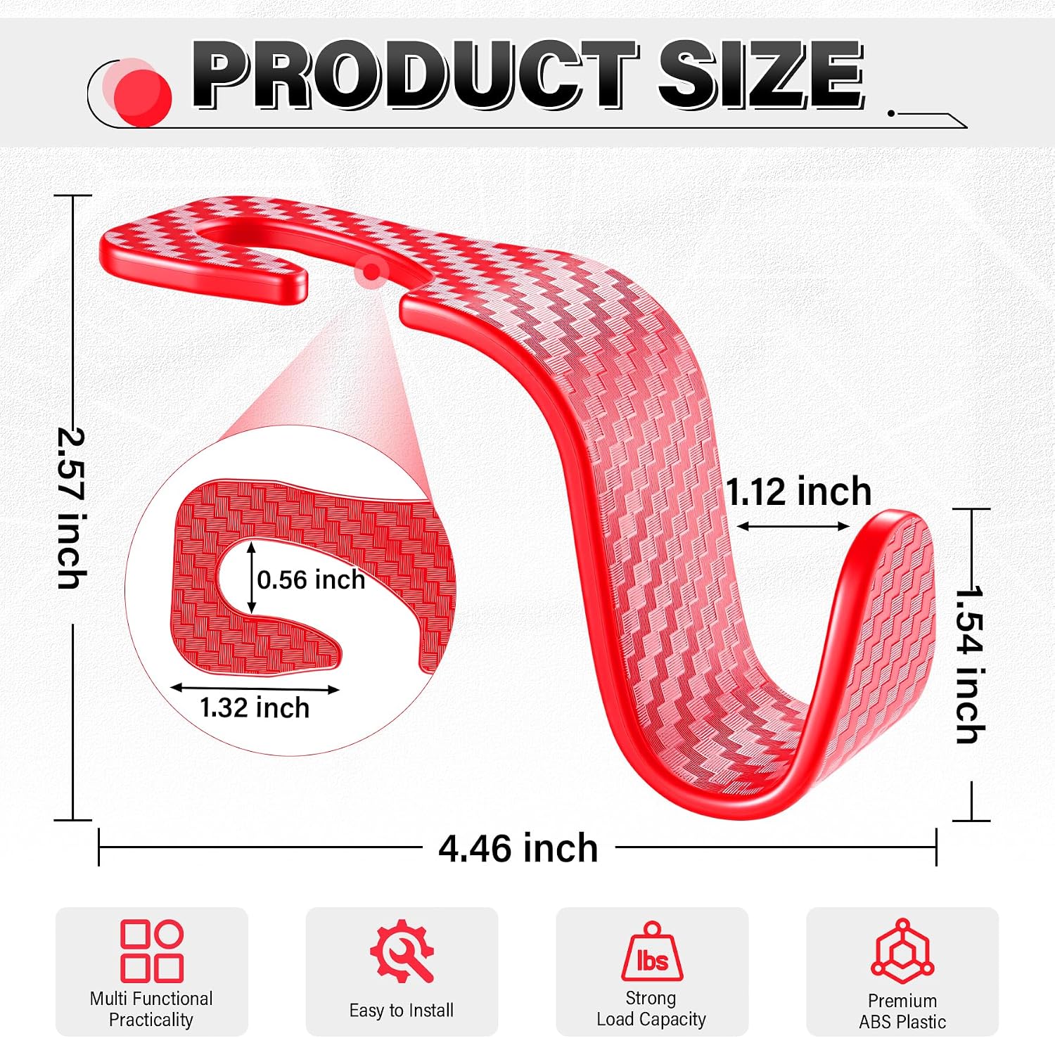 SINGARO Universal 4 Pack Car Seat Headrest Purse Hook, Carbon Fiber Back Seat Hook Storage Organizer Hanger for Purse Handbag Coat, Car Interior Accessories(Red)