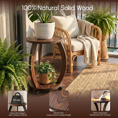 2 Pack 2 Tier Wooden Plant Stand Indoor with Wheels – Tall Plant Stand for 6-12 Inch Pots, Mid-Century Modern Rustic Plant Table Indoor, Pedestal Stand for Corner, Living Room, Balcony
