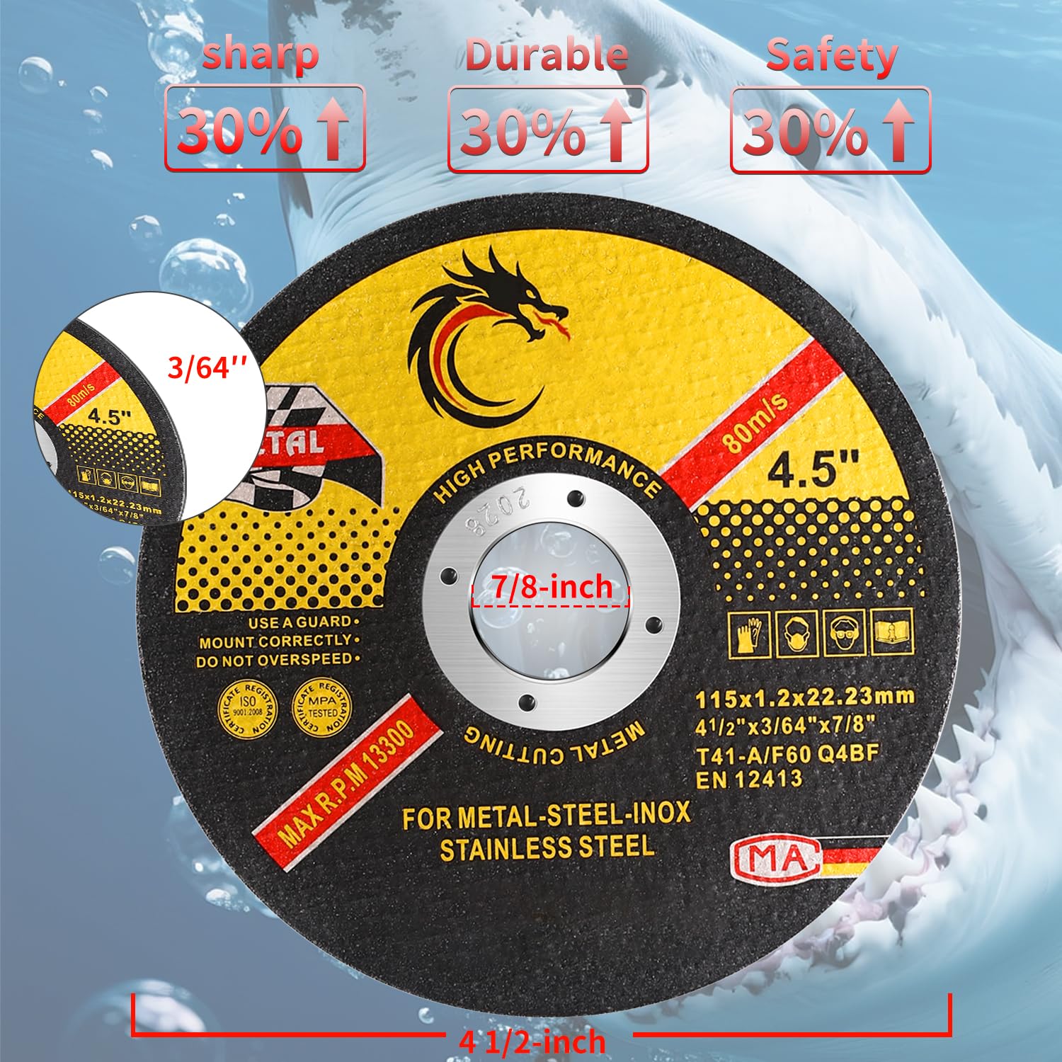 30 Pack 4 1/2 Cut Off Wheel Angle Grinder Cutting Disc for Metal & Stainless Steel, Max 13,300 RPM, 0.045" Thin Grinding Wheel