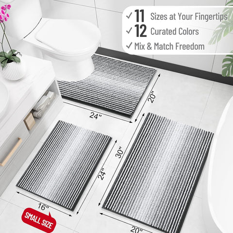 OLANLY Bathroom Runner Rugs 47x20, Chenille Striped Bath Rugs, Dark Grey
