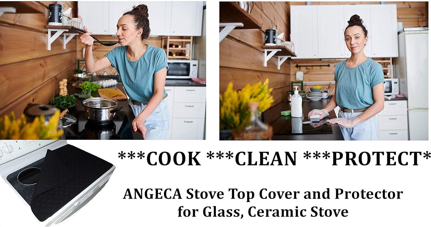 Stove Top Cover and Protector for Glass, Ceramic Stove - Quilted Material 100% Cotton - Protects Electric Stove - Glass Cooktop - Washer Dryer Top (Black)