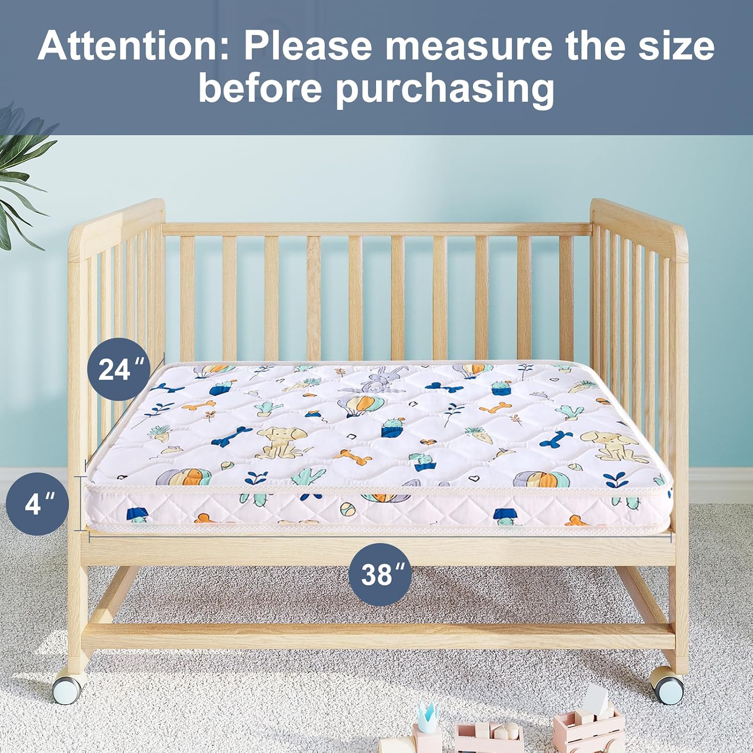 Mini Crib Mattress 38" x 24" x 4"- Firm Support and Comfort Premium Foam,Noiseless and Odorless,Hypoallergenic Mini Crib Mattress,Fits Mini and Portable Cribs,Dual Sided with Soft Breathable Fabric