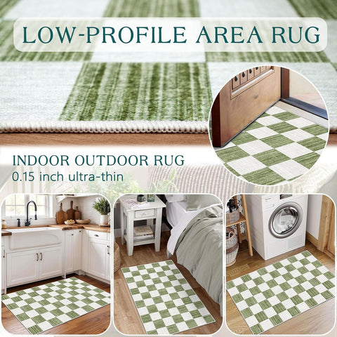 Front Door Mat Outside Entrance 2x3 Green White Checkered Rug