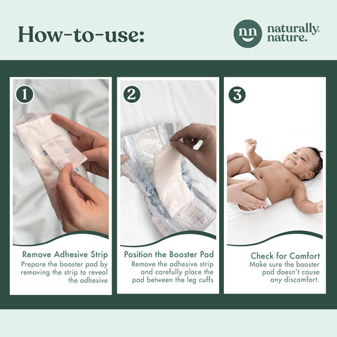 Naturally Nature Overnight Diaper Booster Pads, Stops Overnight Leaking, Diaper Liners for Toddler, Nighttime Diapers Size 5, Adhesive Pad for Girls, Boys, 32 ct.