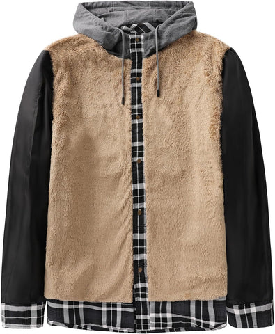 Mr.Stream Men's Hooded Coat Casual Thicken Plaid Work Flannel Snap Sherpa Lined Fleece Shirt Jacket