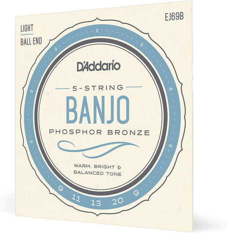 D'Addario Banjo Strings, Stainless Steel, EJS60, Light Gauge 10-20, 5-String Set, Pack of 1