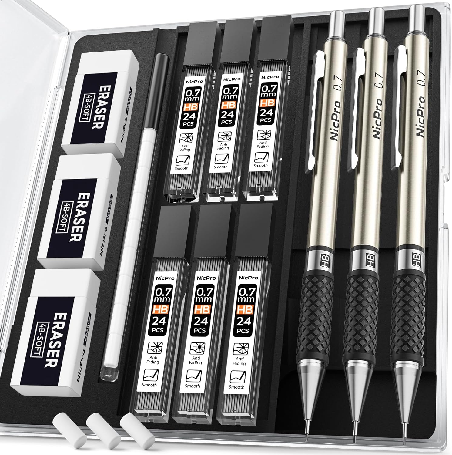 Nicpro 0.7 mm Art Mechanical Pencil Set in Storage Case, 3 PCS