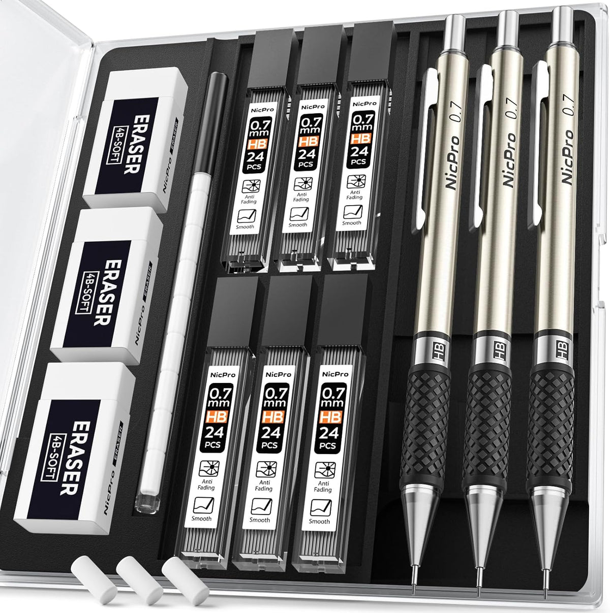 Nicpro 0.7 mm Art Mechanical Pencil Set in Storage Case, 3 PCS