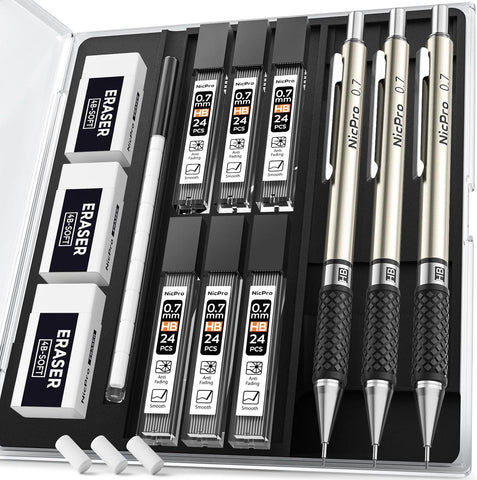 Nicpro 0.7 mm Art Mechanical Pencil Set in Storage Case, 3 PCS