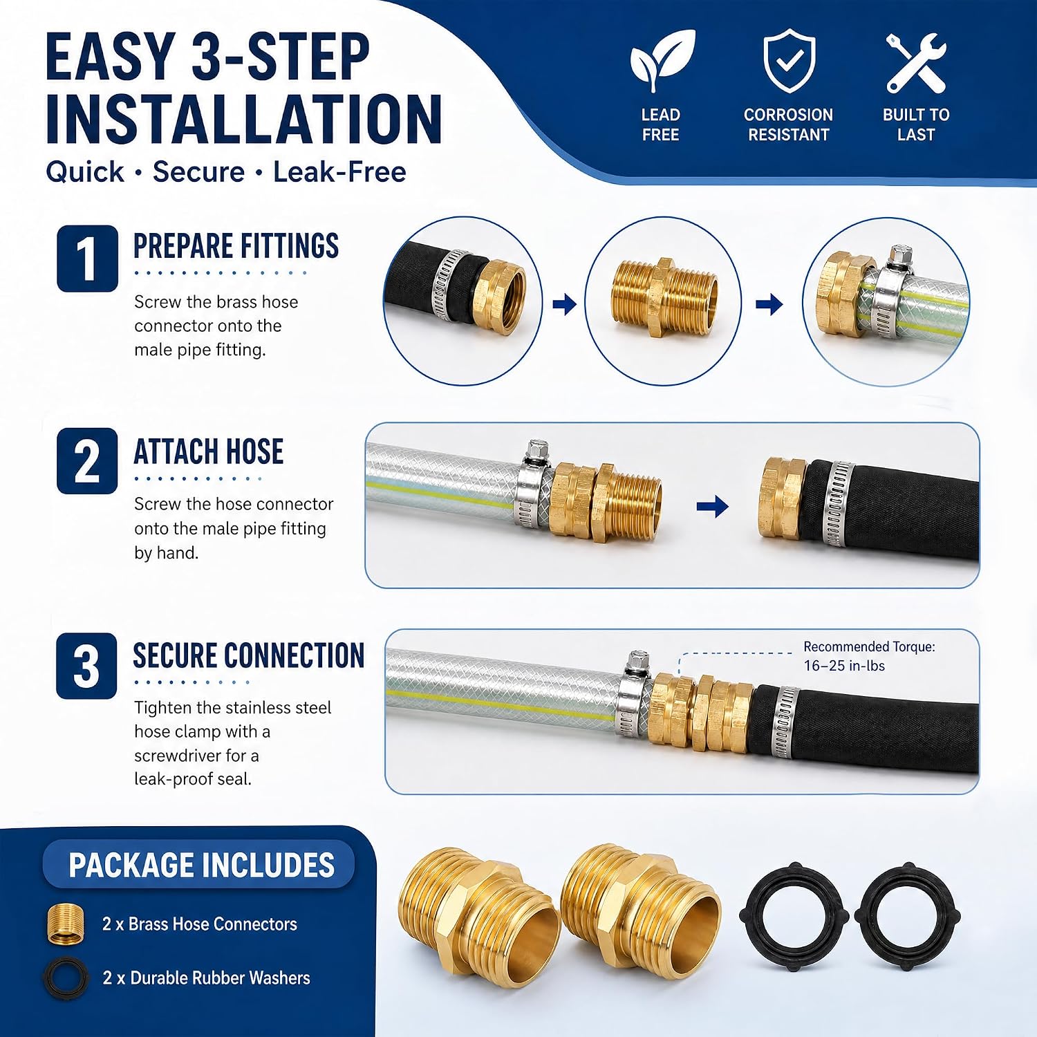 Hourleey Garden Hose Adapter, 3/4 Inch Male to Male Hose Adapter, Solid Brass Hose Connectors, 2 Pack Male Connector with 2 Extra Washers