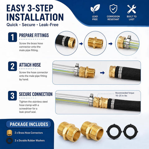 Hourleey Garden Hose Adapter, 3/4 Inch Male to Male Hose Adapter, Solid Brass Hose Connectors, 2 Pack Male Connector with 2 Extra Washers