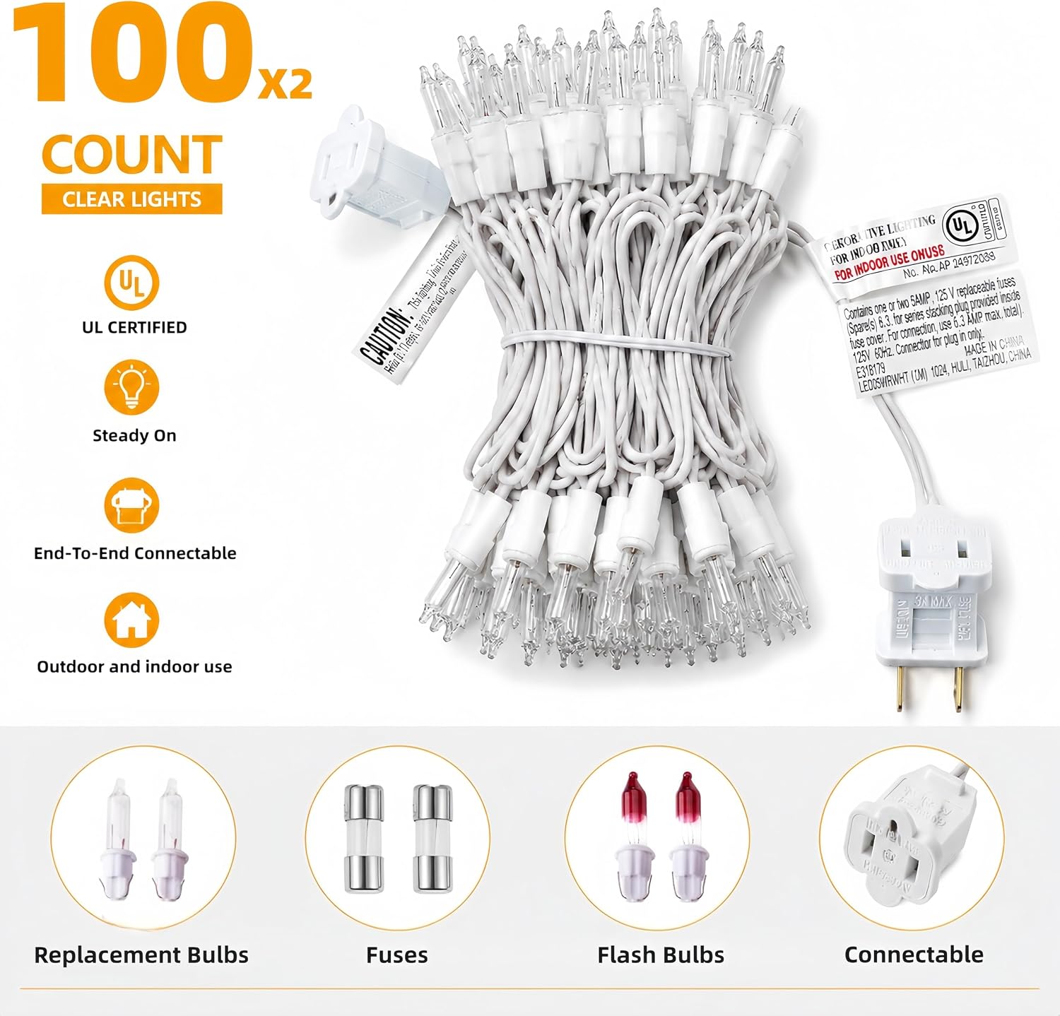 Warm White Christmas Lights, 2 Pack 21Ft Each 100 Incandescent Mini Bulbs, UL Certified, Connectable, Indoor and Outdoor, Perfect for Christmas Tree, Wreath, Home, Yard, Wedding, Party, Holiday Decor