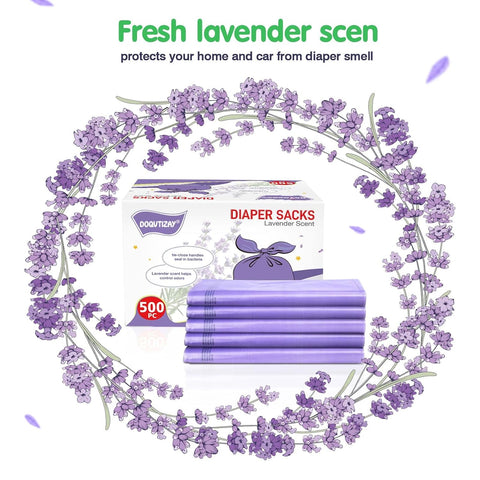 Baby Disposable Diaper Bags Easy-To-Tie Tabs Diaper Sacks with Lavender Scented Diaper Disposal or Pet Waste Bags (500 Count)