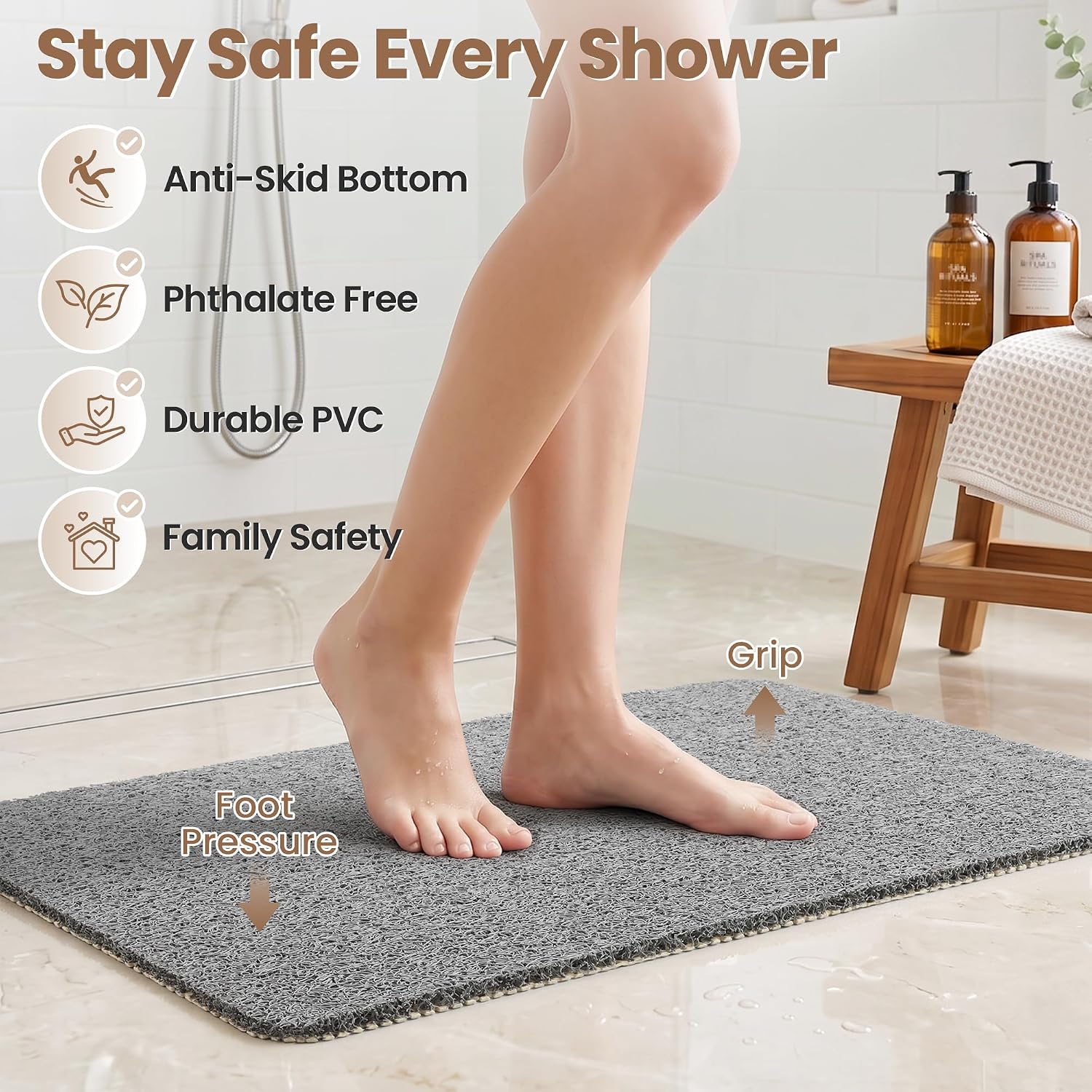 LuxStep Shower Mat Bathtub Mat,24x16 inch, Non-Slip Bath Mat with Drain, Quick Drying PVC Loofah Bathmat for Tub,Shower,Bathroom (Phthalate Free,Grey)