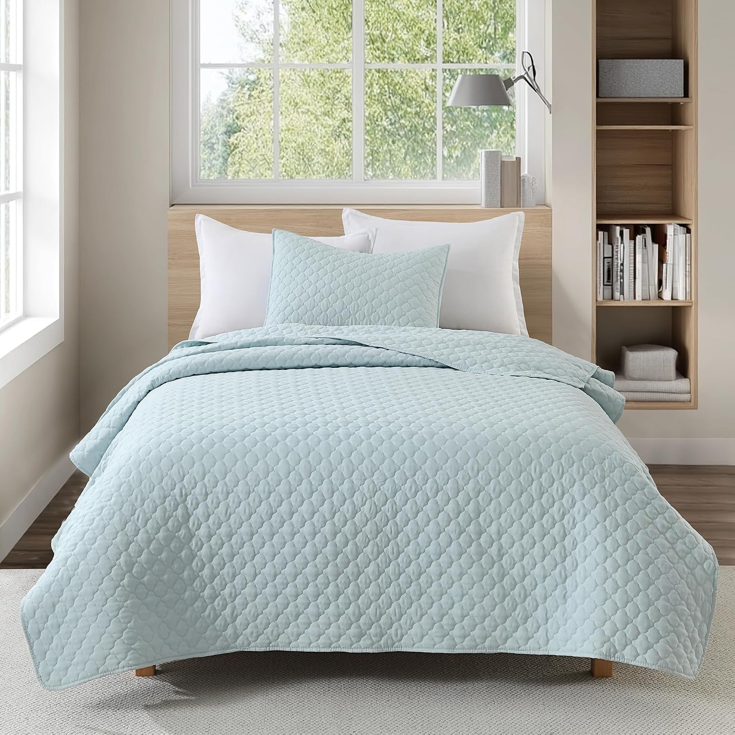 HORIMOTE HOME Quilt Twin Size Aqua Blue, Lightweight Quilt for Summer Ultra-Soft Microfiber Modern Style Quilted Clouds Pattern Bedspread Quit Set 2 Pieces (1 Quilt and 1 Pillow Sham)