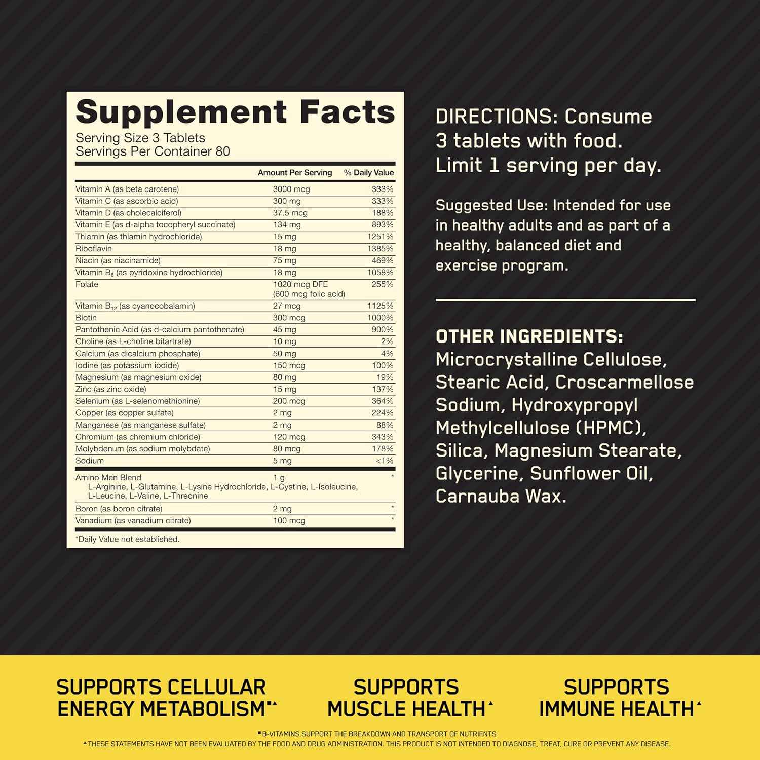 Optimum Nutrition Opti-Men Daily Multivitamin Supplement, 240 Ct | Multivitamin for Active Men, 25 Vitamins & Minerals, B Vitamins, Amino Acids, Immune Support, Easy-to-Swallow Tablets