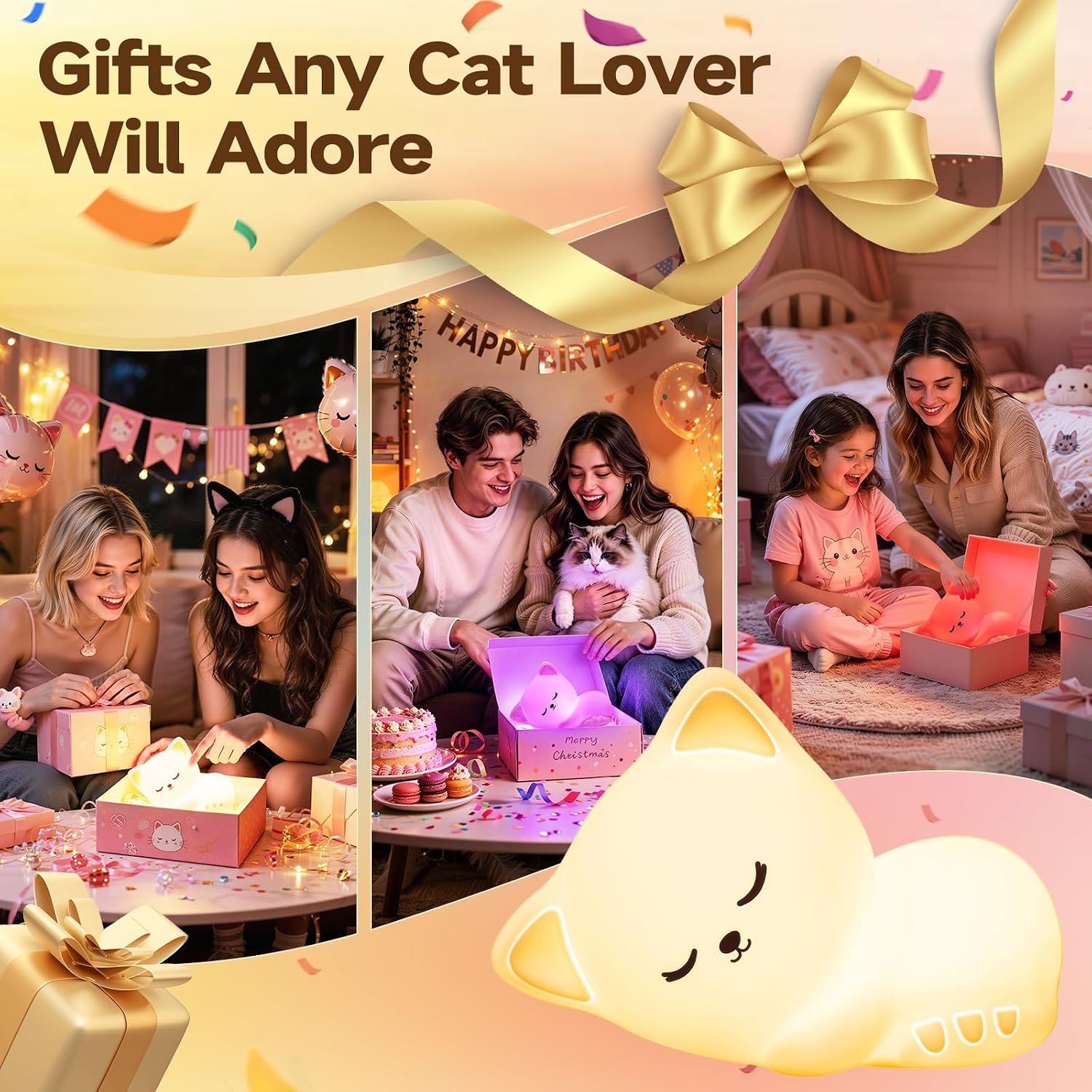 Mubarek Sleepy Cute Cat Gifts - 16-Color Silicone Night Light with Remote