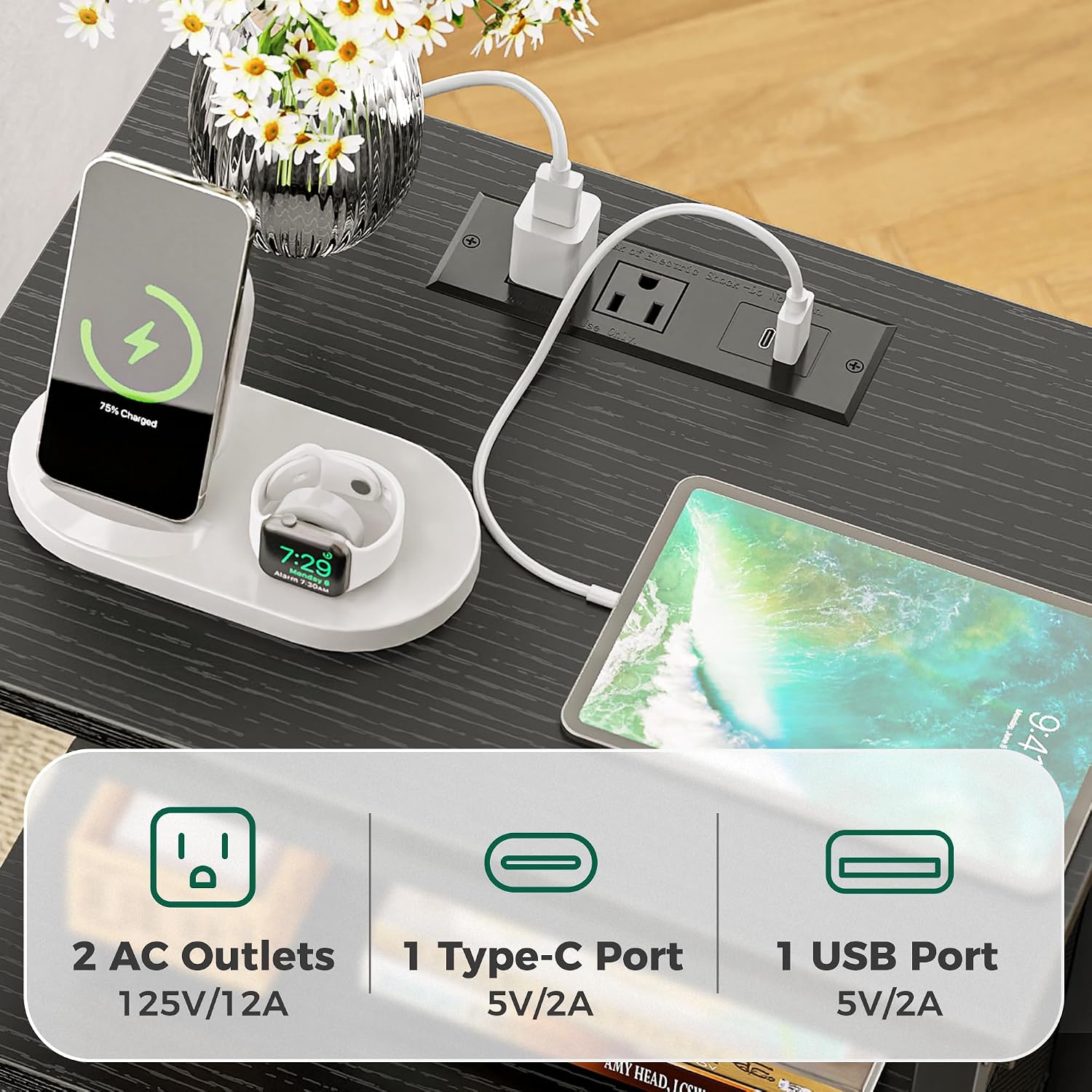 Huuger Nightstand with Charging Station, Side Table with Fabric Drawers