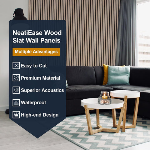 NeatiEase Wood Slat Wall Panels, 4-Piece 96" x 12.6", Soundproof Acoustic Wall Panels for Interior Decor, Noise Cancelling (Rustic Oak)