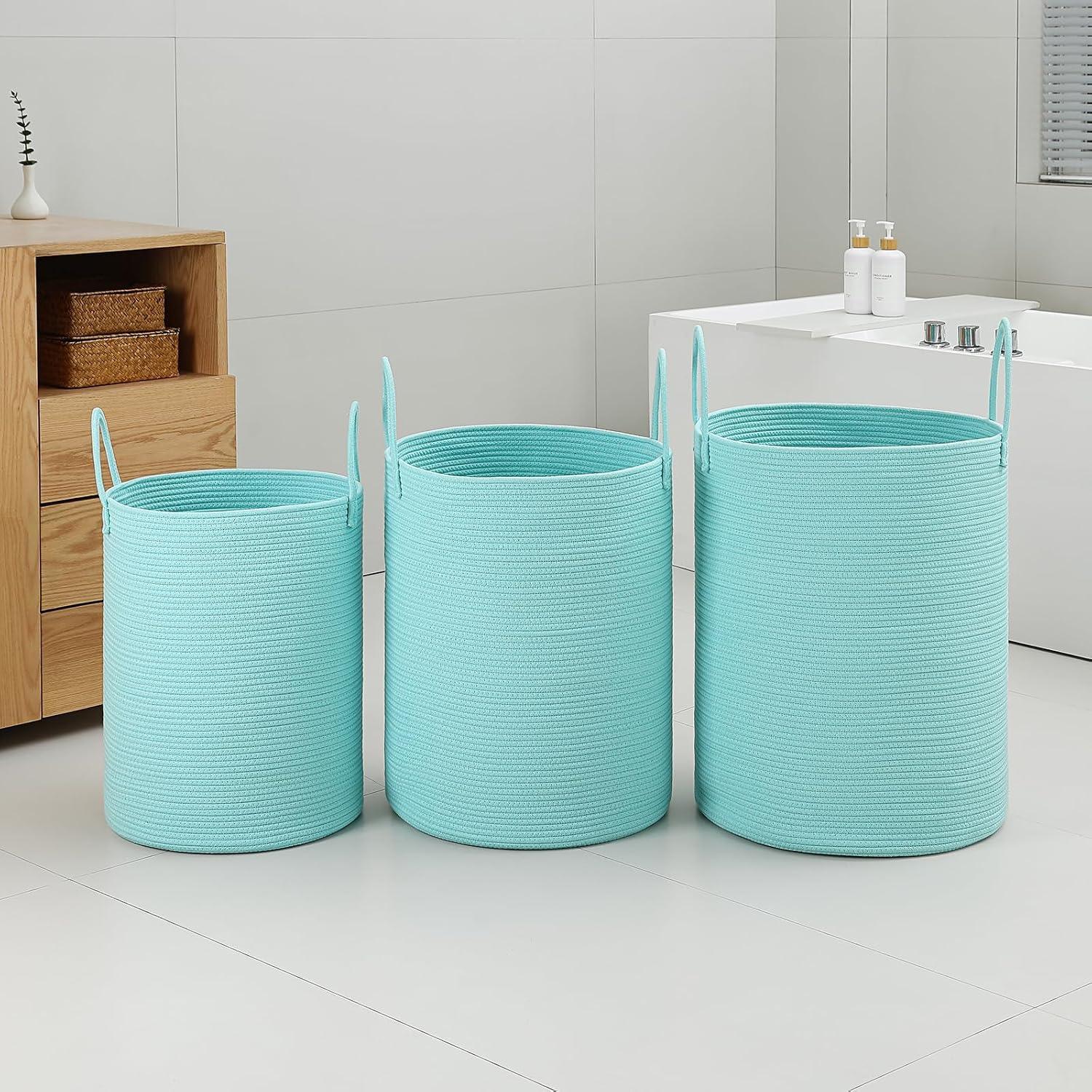Laundry Basket Hamper Tall Rope Storage Woven for Blanket toys Dirty Clothes in Living Room Bathroom Bedroom (Cyan, 60L/15.8Gal)