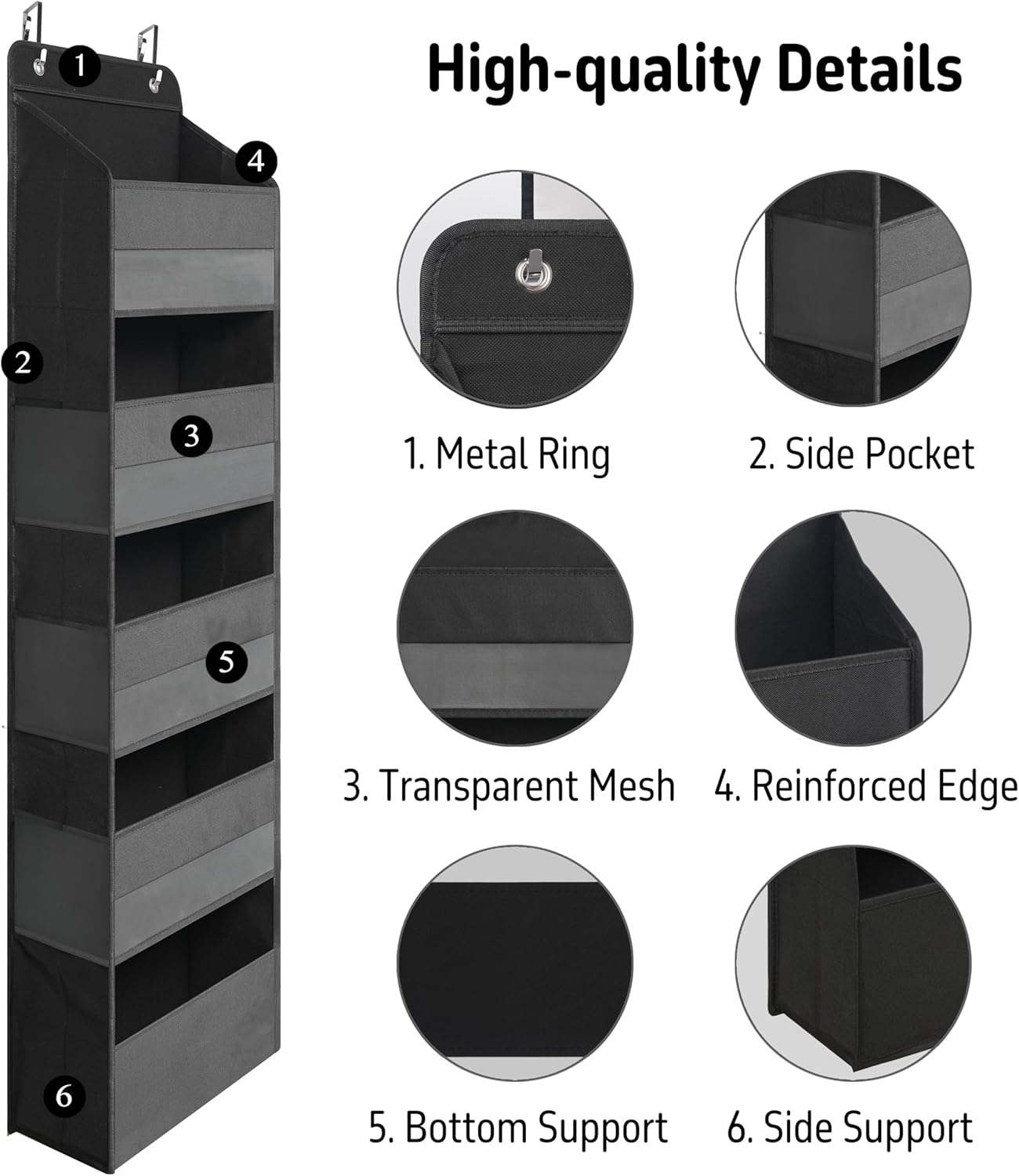 TYMENSH Black Over Door Organizer with 5 Large Pockets and 6 Side Mesh Pockets, Anti-Tilt Hanging Door Storage for Closet, Bathroom, Nursery, Bedroom, Dorm