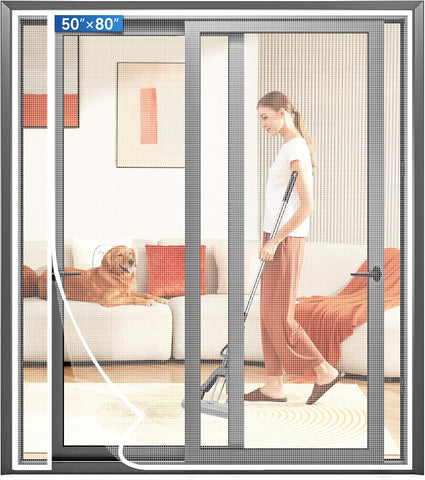Magnetic Screen Door Left Right Side Opening Upgraded PET Mesh Greater Than Fiberglass and Polyester,Keep Bugs Out,Pet & Kid Friendly,Suitable for Sliding Doors,Patio French Doors-50" X 80"