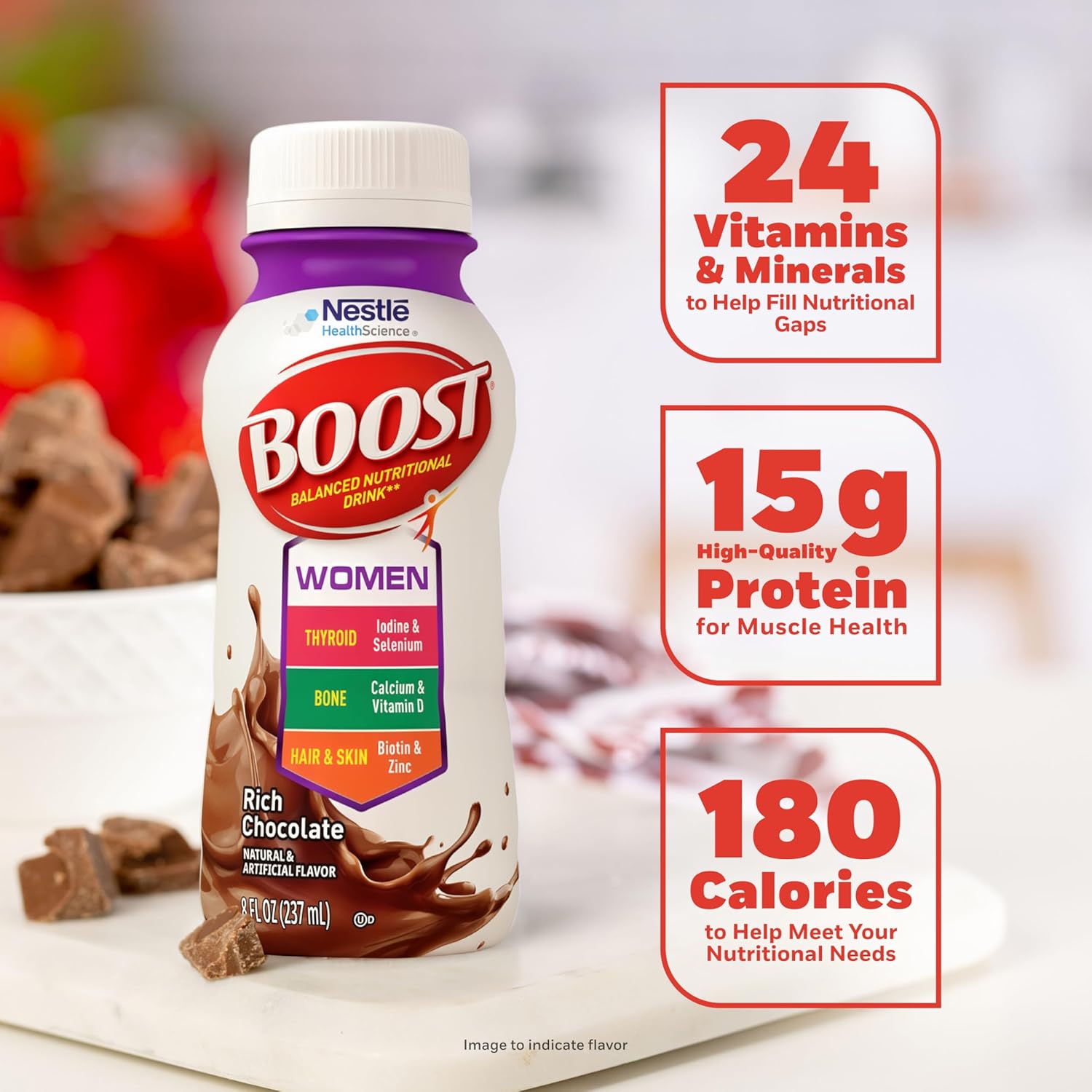 BOOST Women Balanced Nutritional Drink, Rich Chocolate, 8 fl oz (Pack of 24)