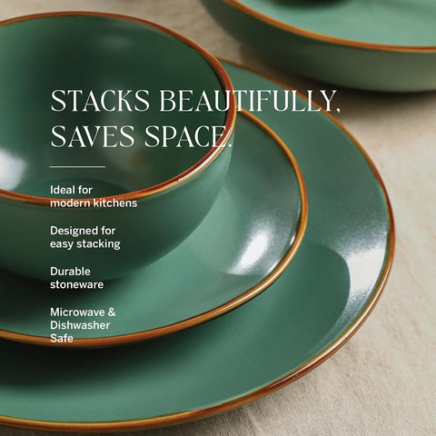 Stone Lain Brasa Modern Stoneware 16 Piece Dinnerware Sets, Plates and Bowls Sets, Dish Set for 4, Green