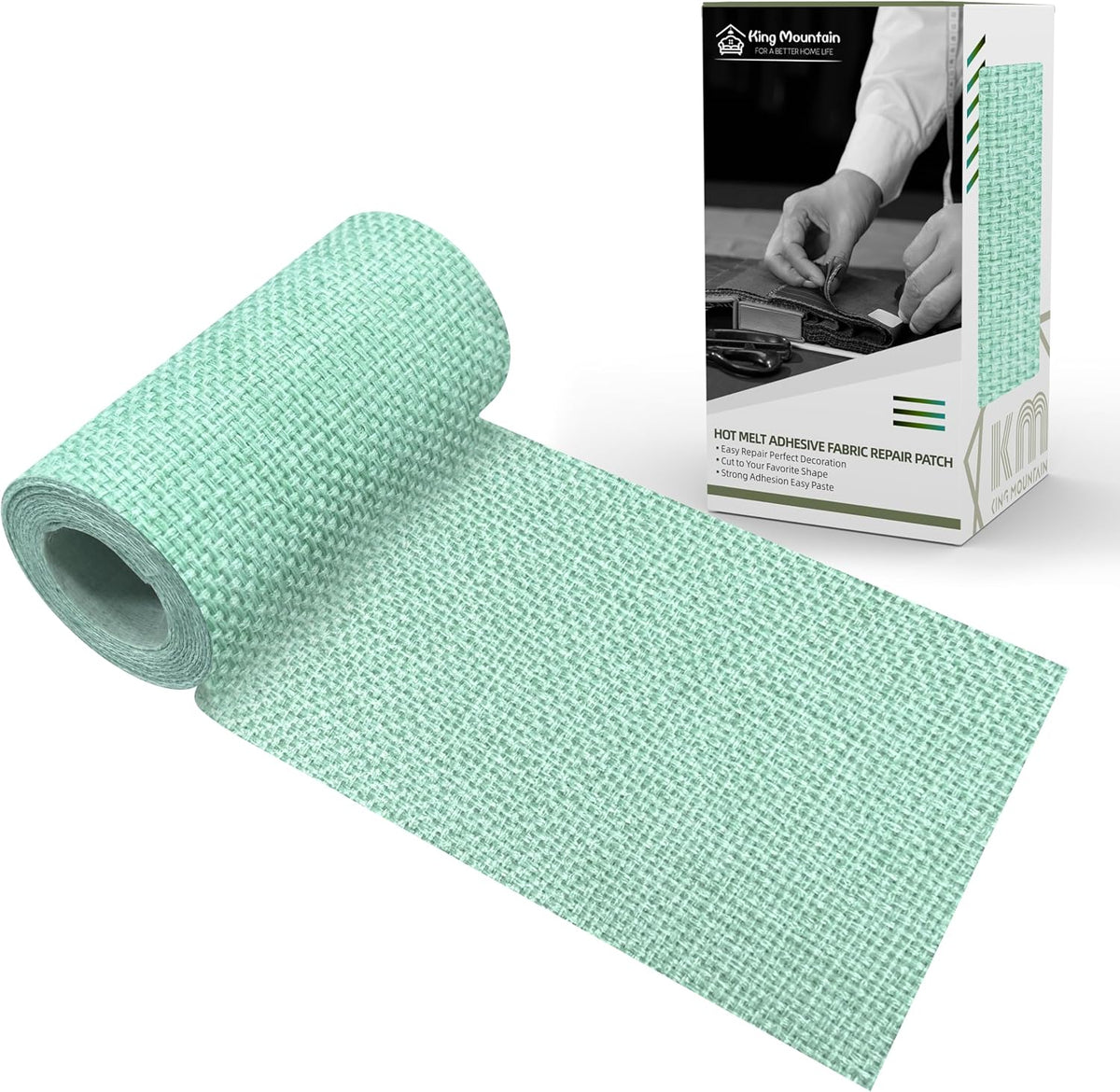 KING MOUNTAIN Linen Fabric Iron-on Repair Patch, Inside&Outside Fabric Repair Patch, 3"x60" with Backing Glue Linen Repair Decorative Patch kit (Mint Green)