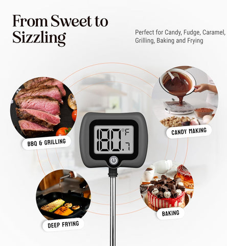 Digital Candy Thermometer with Pot Clip, 10" Long Stainless Steel Probe, Instant Read Kitchen Thermometer for Cooking, Baking, and Candy Making (Dark Gray)