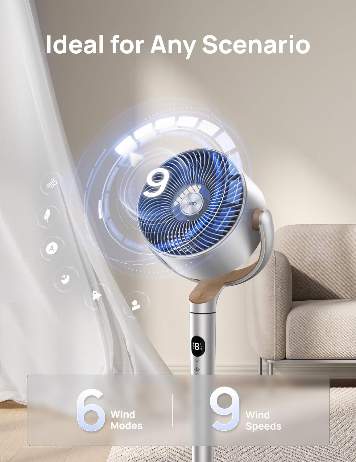 DREO Smart Fans for Bedroom, 120° +120° Omni-Directional Oscillating Fan, 100ft Quiet Pedestal Fan with RGB Light, 9 Speeds, 6 Modes, 8H Timer, Wi-Fi/Voice, 35-40" Floor Fans with Remote, Silver