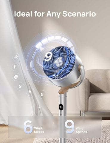 DREO Smart Fans for Bedroom, 120° +120° Omni-Directional Oscillating Fan, 100ft Quiet Pedestal Fan with RGB Light, 9 Speeds, 6 Modes, 8H Timer, Wi-Fi/Voice, 35-40" Floor Fans with Remote, Silver