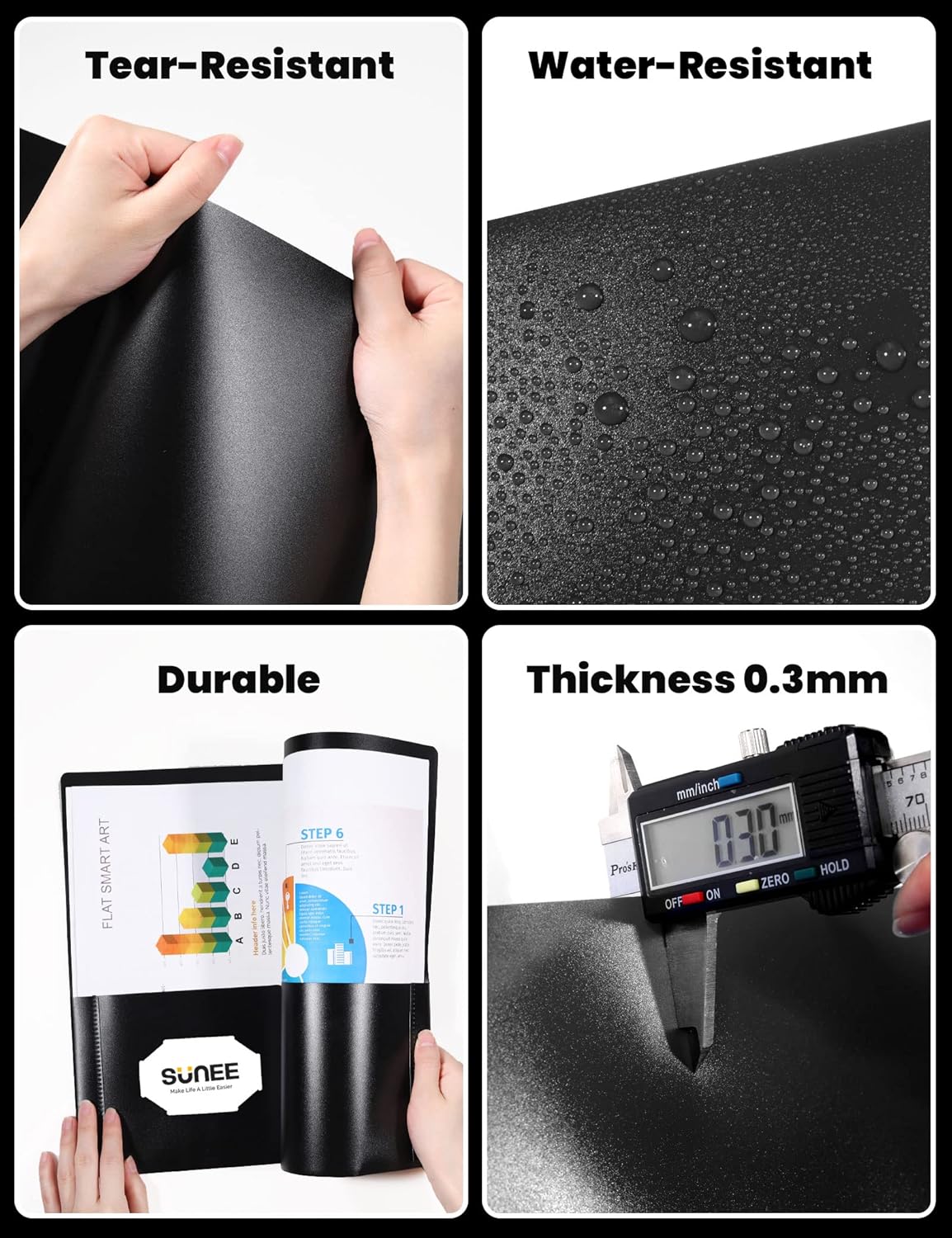 SUNEE 2 Pocket Folders (6 Pack, Black) Heavy Duty Plastic Folders with Pockets Fit Letter-Size Papers, Two-Pocket Poly Folder Bulk for School, College, Office