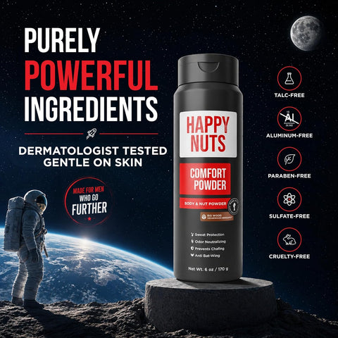 HAPPY NUTS Comfort Powder - Anti Chafing & Deodorant, Aluminum-Free, Sweat and Odor Control for Jock Itch, Groin and Men's Private Parts 6oz (6 Ounce (Pack of 1), Big Wood)