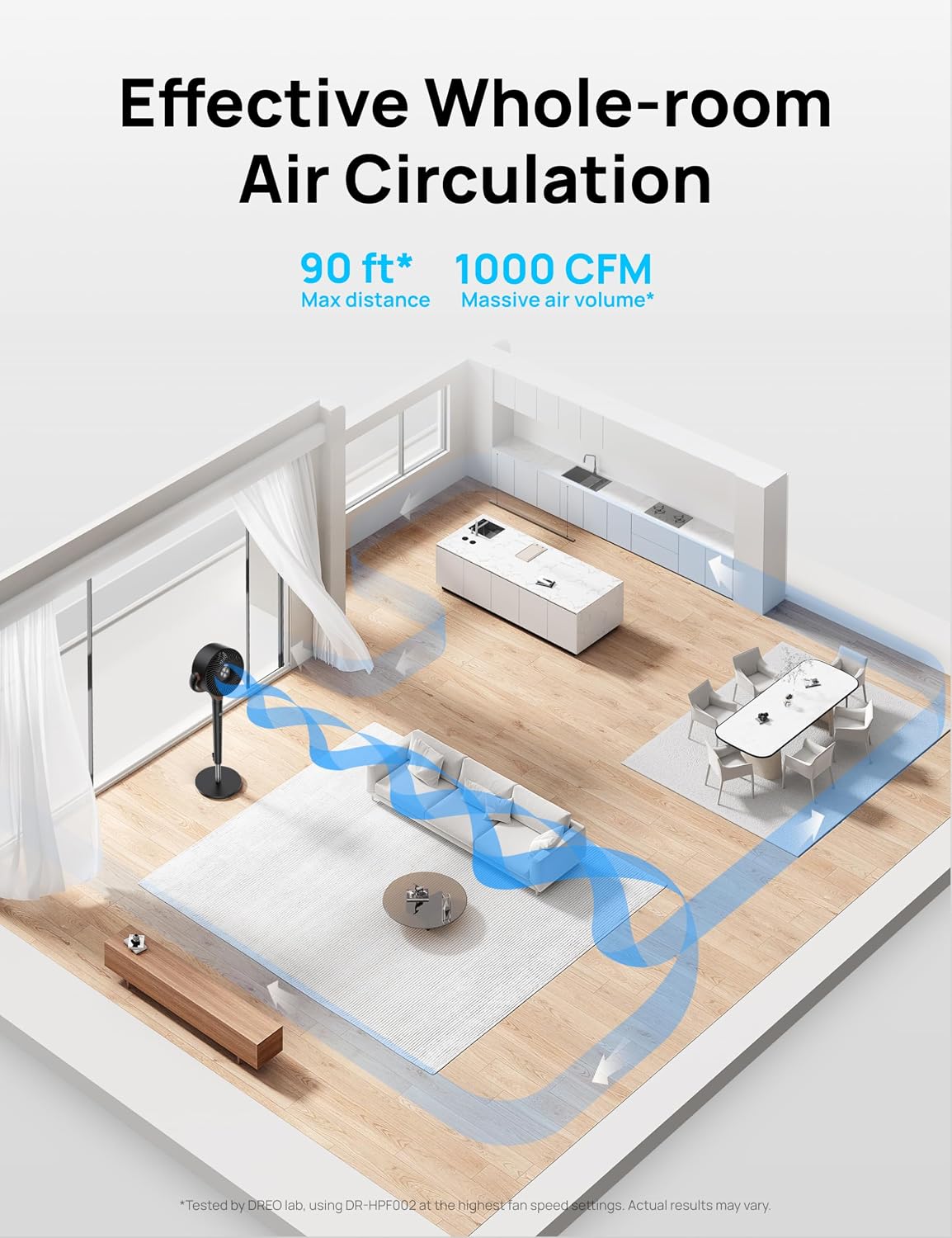 DREO Fan for Bedroom, 2026 Upgraded, 90ft Airflow, Quiet Fan, 90° Oscillating Standing Fan for Whole Room, DC Motor, 8+H Speeds, 3 Modes, 38-42'' Adjustable Height, 8H Timer, 105° Manual Vertical