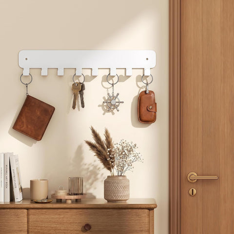 pickpiff Key Holder Wall Mount, Adhesive Key Rack with 8 Hooks Hanger for Car Key Ring, Metal Key Chain Organizer, White 1 Pack