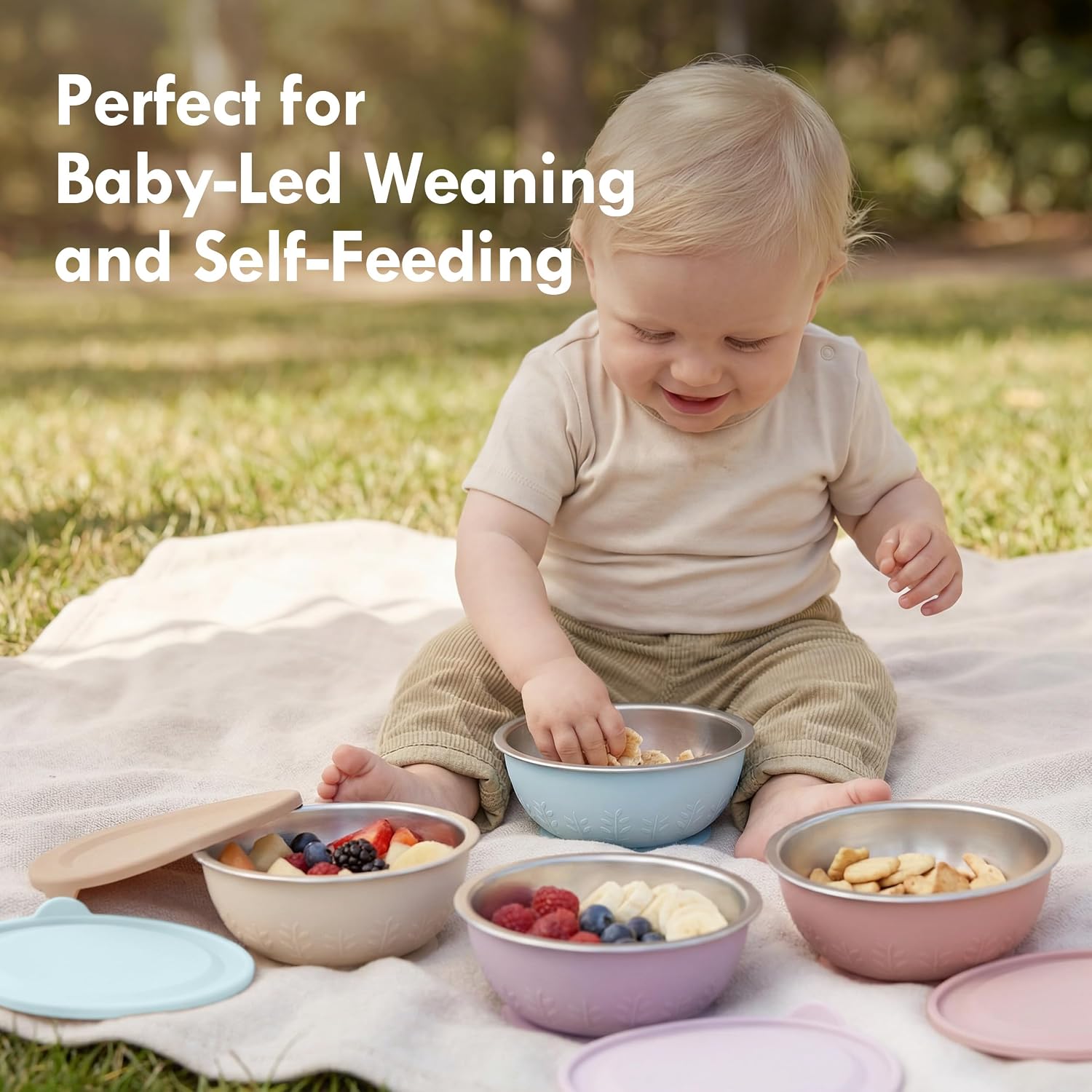 Moonkie Baby Bowls with Suction, Stainless Steel & Silicone Toddler Bowls with Lids, Seamless One-Piece Design Silicone Bowls for Babies 4 Months+, 13oz, BPA-Free, Lead-Free, Dishwasher Safe, 2 Pack