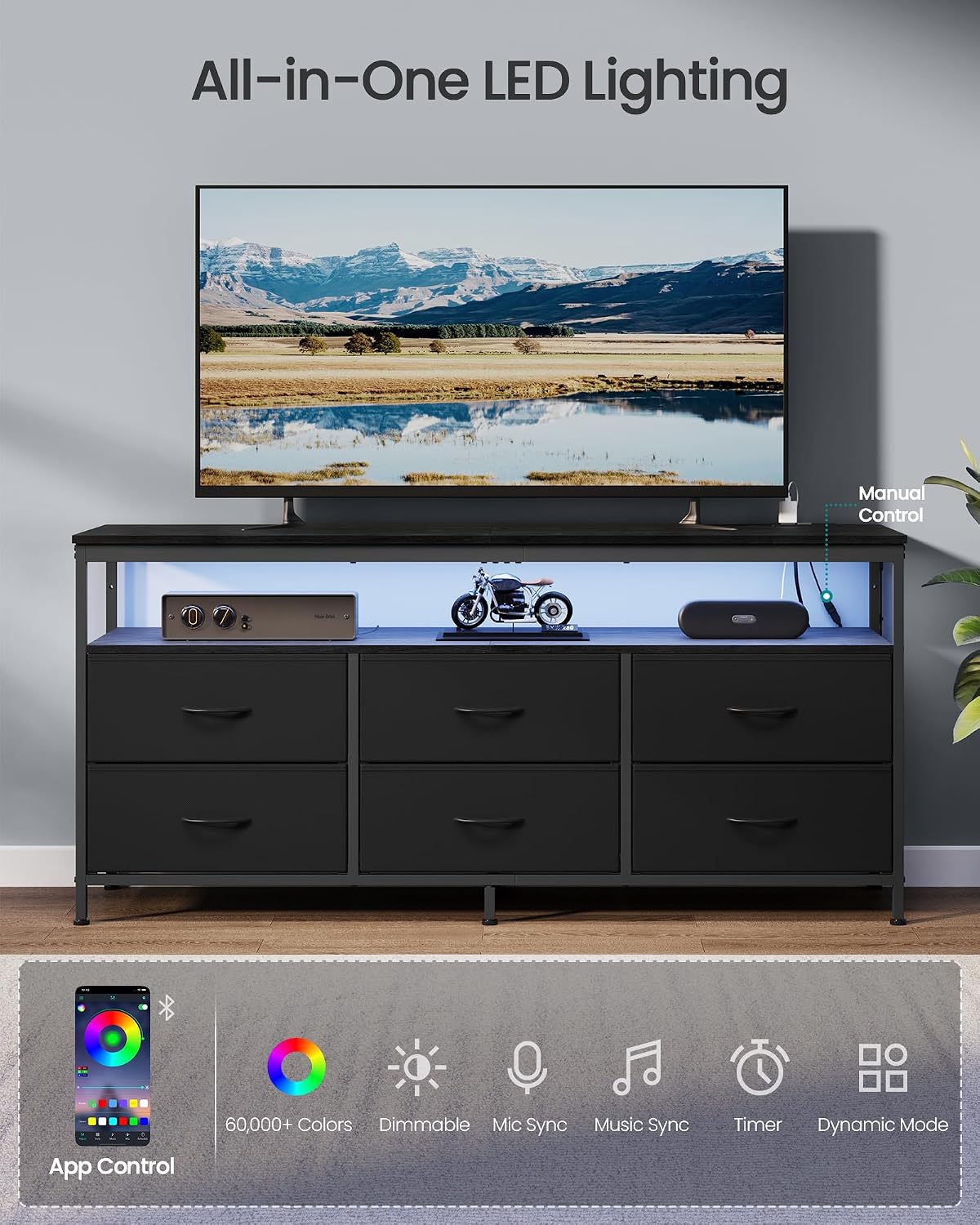 SONGMICS Dresser for Bedroom, Wide Dresser with 6 Drawers & Open Shelf