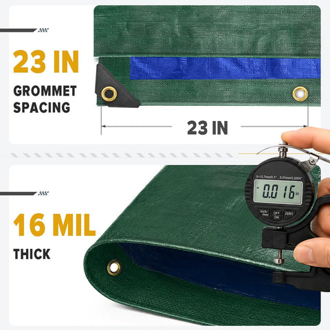 Kesfitt 16 Mil Heavy Duty Waterproof Tarp, 16x20 FT, Dark Green & Blue