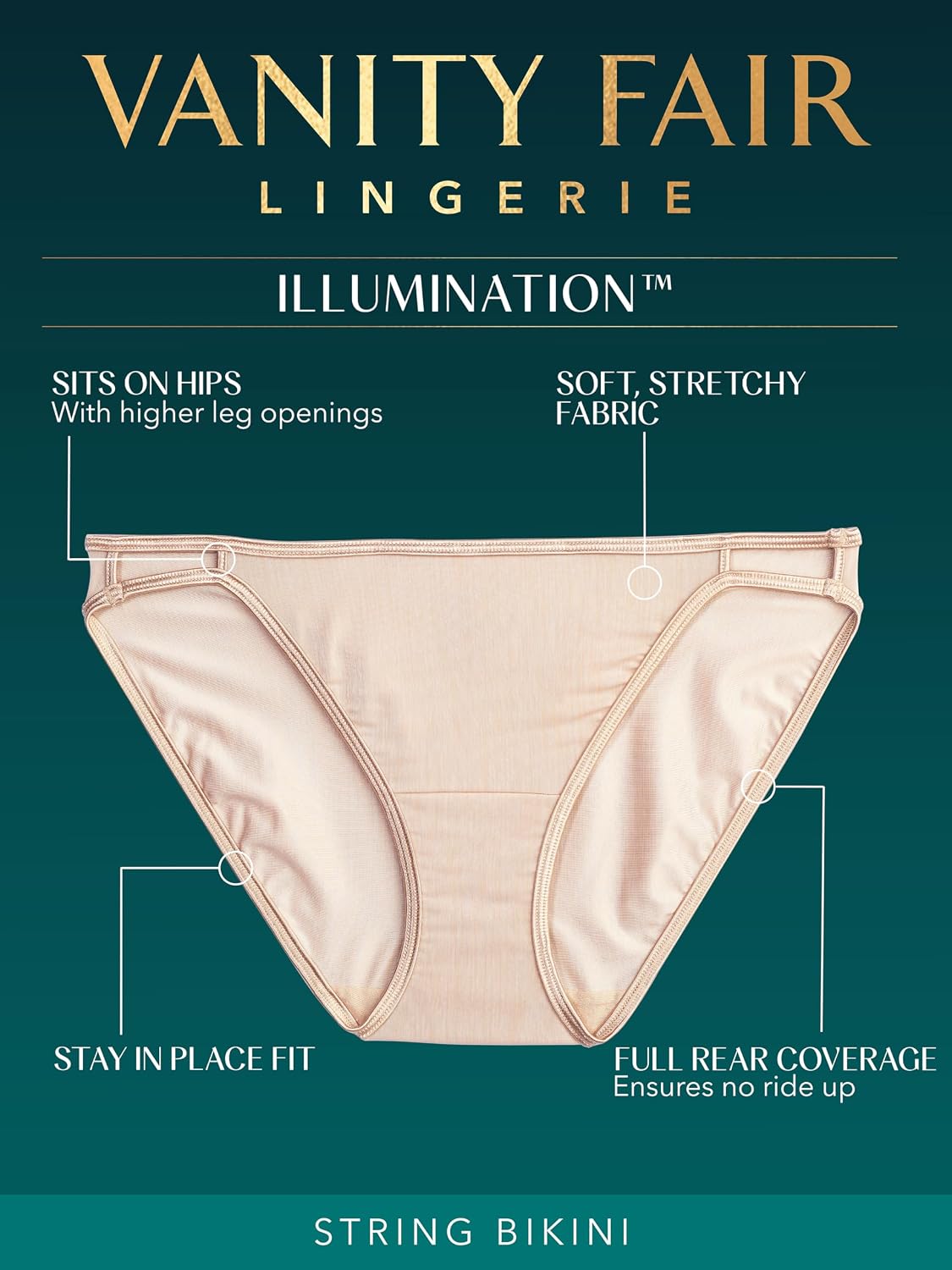 Vanity Fair Women's Illumination String Bikini Panties, Silky Stretch & Satin Trim