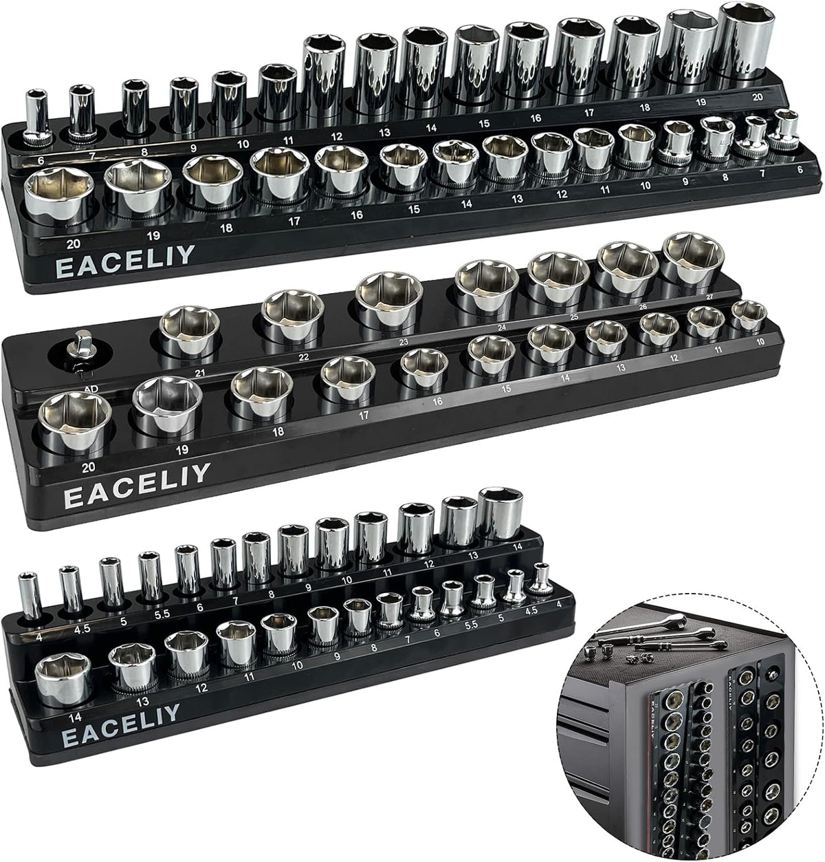 EACELIY Magnetic Socket Organizer Set,Metric Socket Holder Kit, Socket Trays，holds 75 Deep and Shallow 3/8" Sockets(sockets not included) 丨3Pcs 1/2", 1/4" and 3/8" （Black）