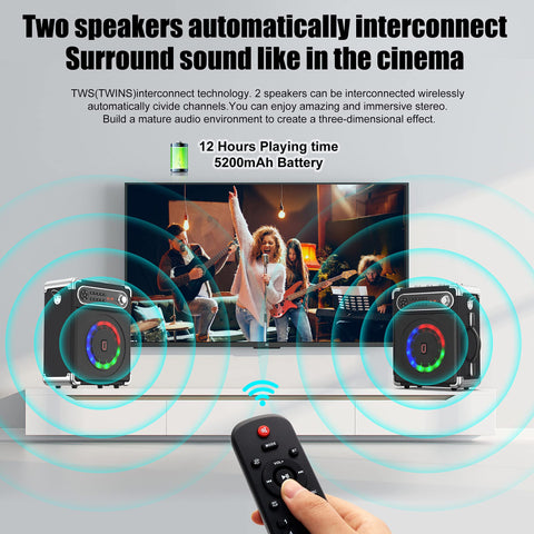 JYX Karaoke Machine with Two Wireless Microphones, Portable Bluetooth Speaker with Bass/Treble Adjustment, PA System with Remote Control, LED Lights,Supports TF Card/USB, AUX IN, FM, REC,TWS for Party