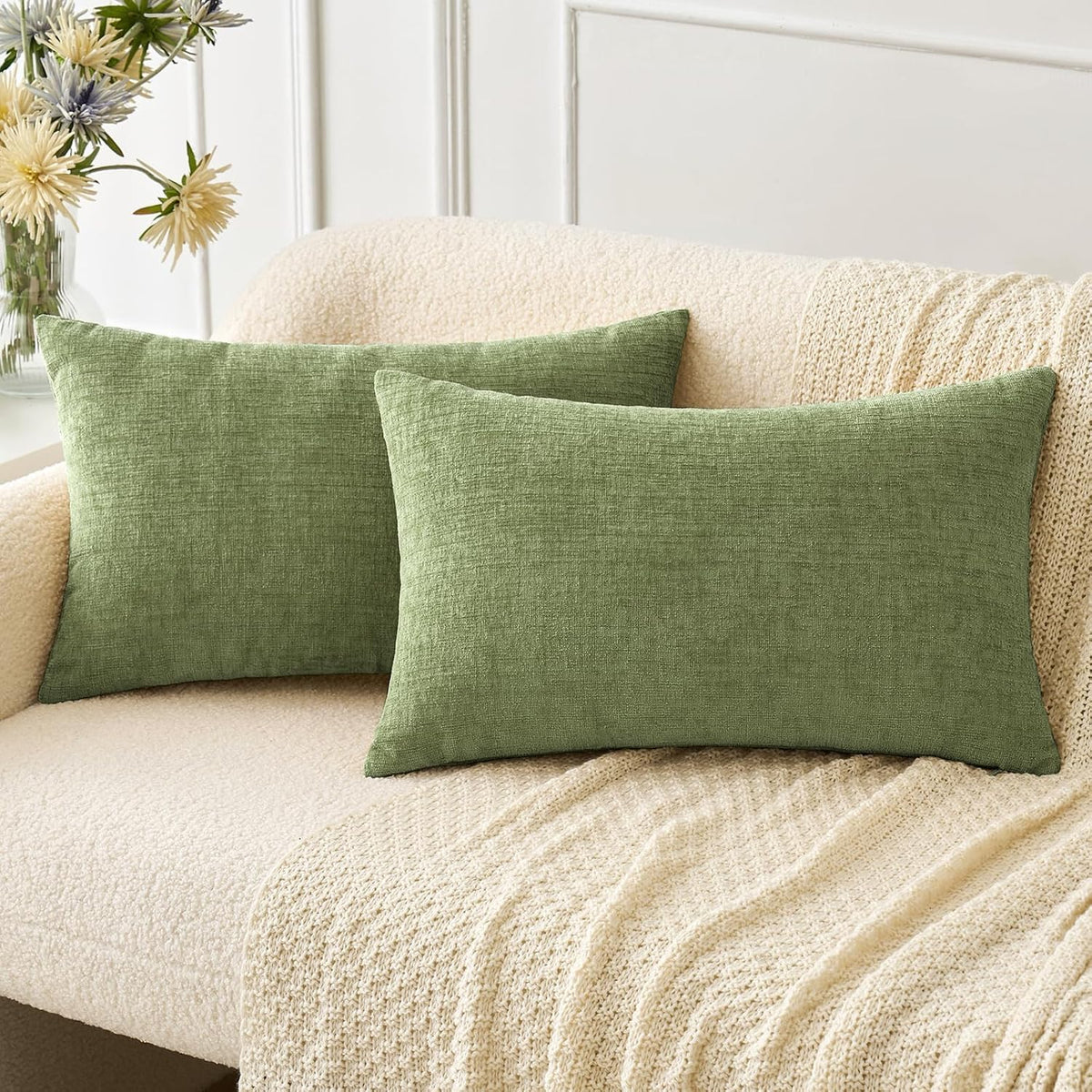 MIULEE Soft Chenille Lumbar Throw Pillow Covers Sage Green 12x20 Pack of 2