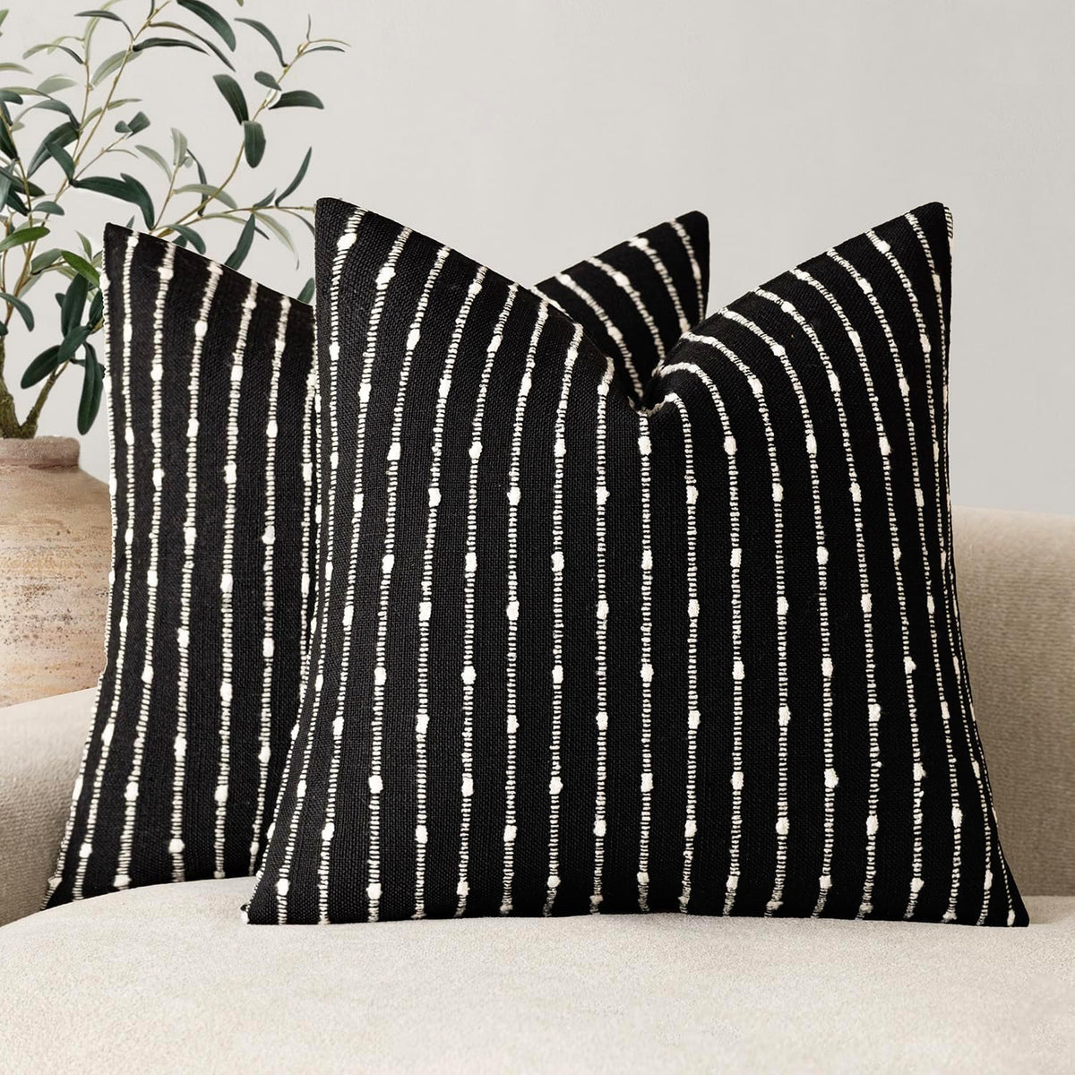Foindtower Decorative Striped Boucle Throw Pillow Covers 22x22 Inch Black