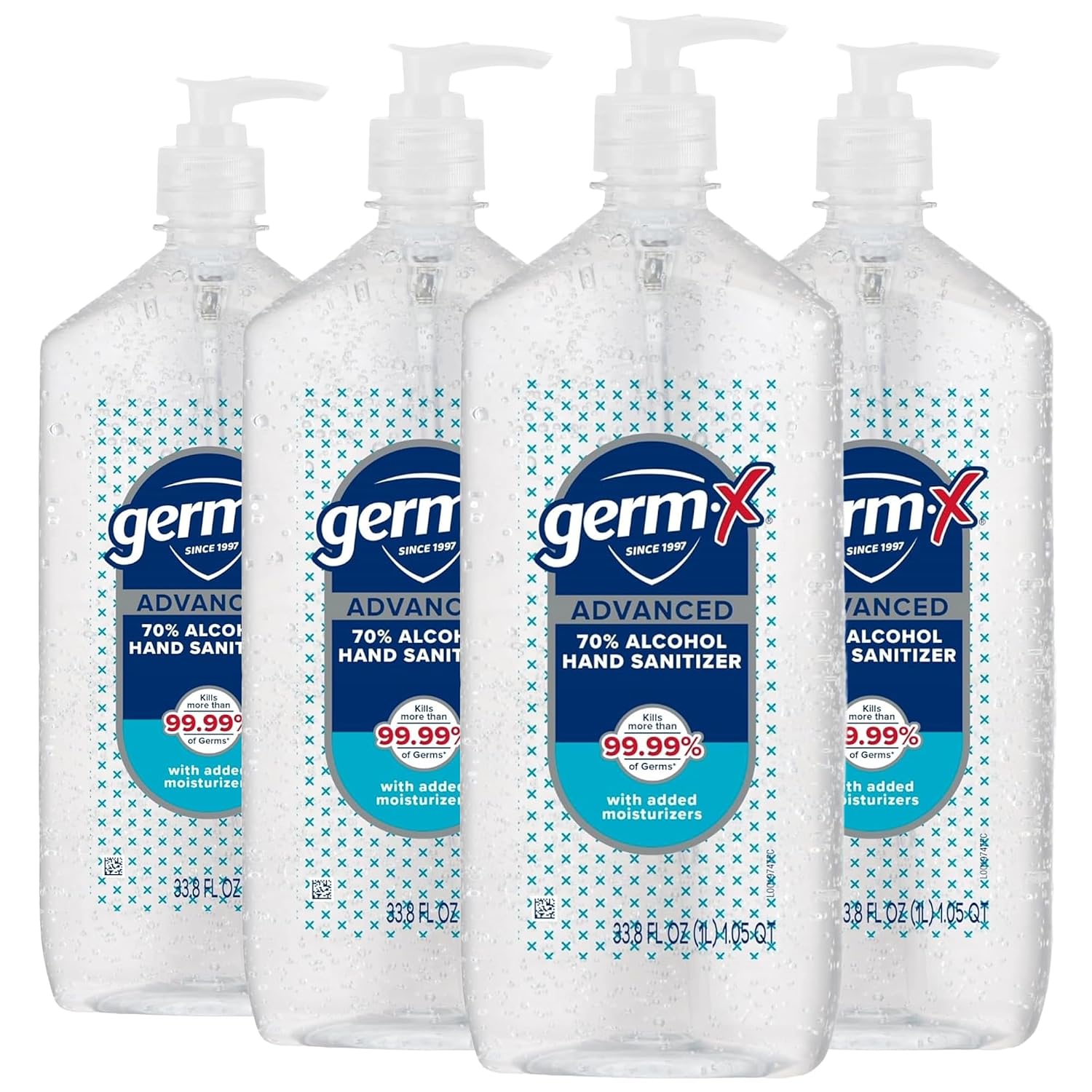 Germ-X Advanced Hand Sanitizer, 1 Liter (Pack of 4), Less Drying Moisturizing Clear Gel, No Rinse Formula, Large Family Size Pump Bottle