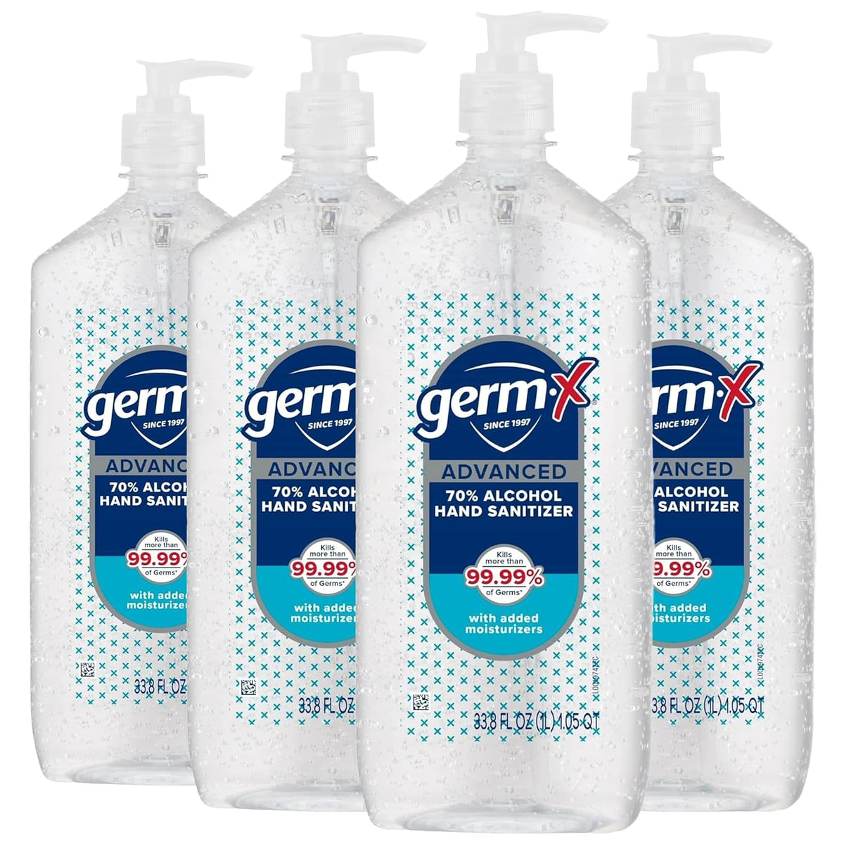 Germ-X Advanced Hand Sanitizer, 1 Liter (Pack of 4), Less Drying Moisturizing Clear Gel, No Rinse Formula, Large Family Size Pump Bottle