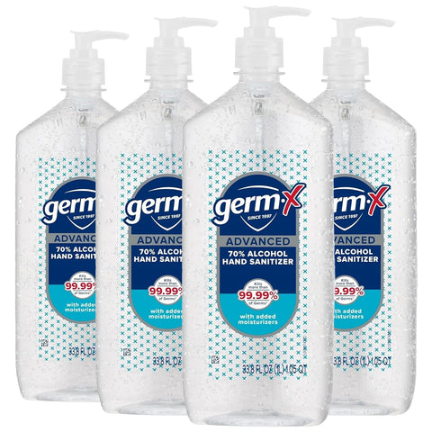 Germ-X Advanced Hand Sanitizer, 1 Liter (Pack of 4), Less Drying Moisturizing Clear Gel, No Rinse Formula, Large Family Size Pump Bottle