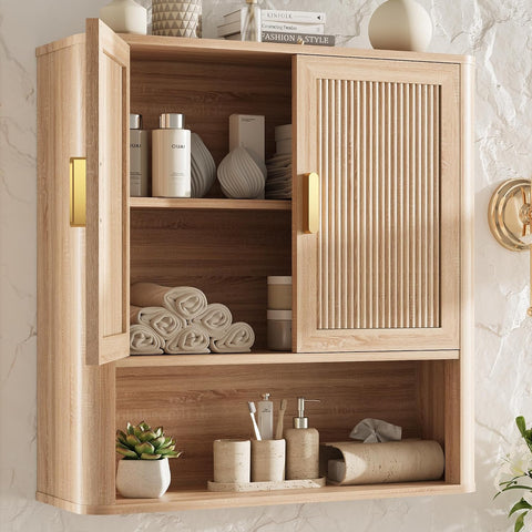 Bathroom Wall Storage Cabinet, Medicine Cabinet with Adjustable Wood Shelf & Doors, Over the Toilet Storage Cabinet Above Toilet Storage for Laundry Room & Living Room Kitchen Storage Islands (Oak)